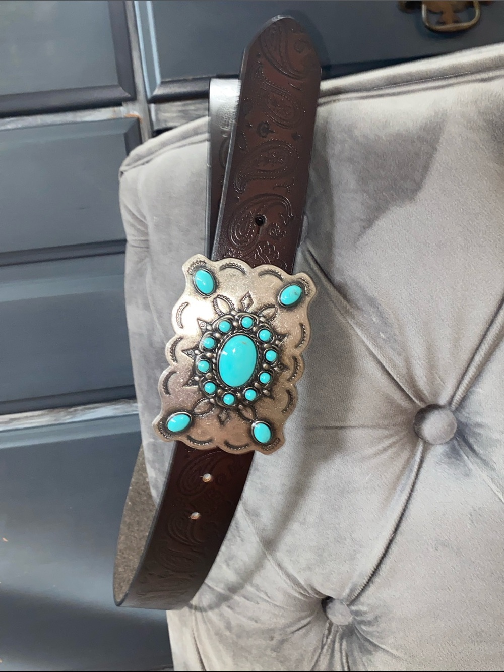 American Endurance Western Bonded Leather Belt Turquoise Buckle Brown Large
